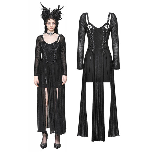 Elegant gothic long dress featuring a sheer strappy top and intricate spider web print overlay by Dark in Love, perfect for enchanting evening looks.