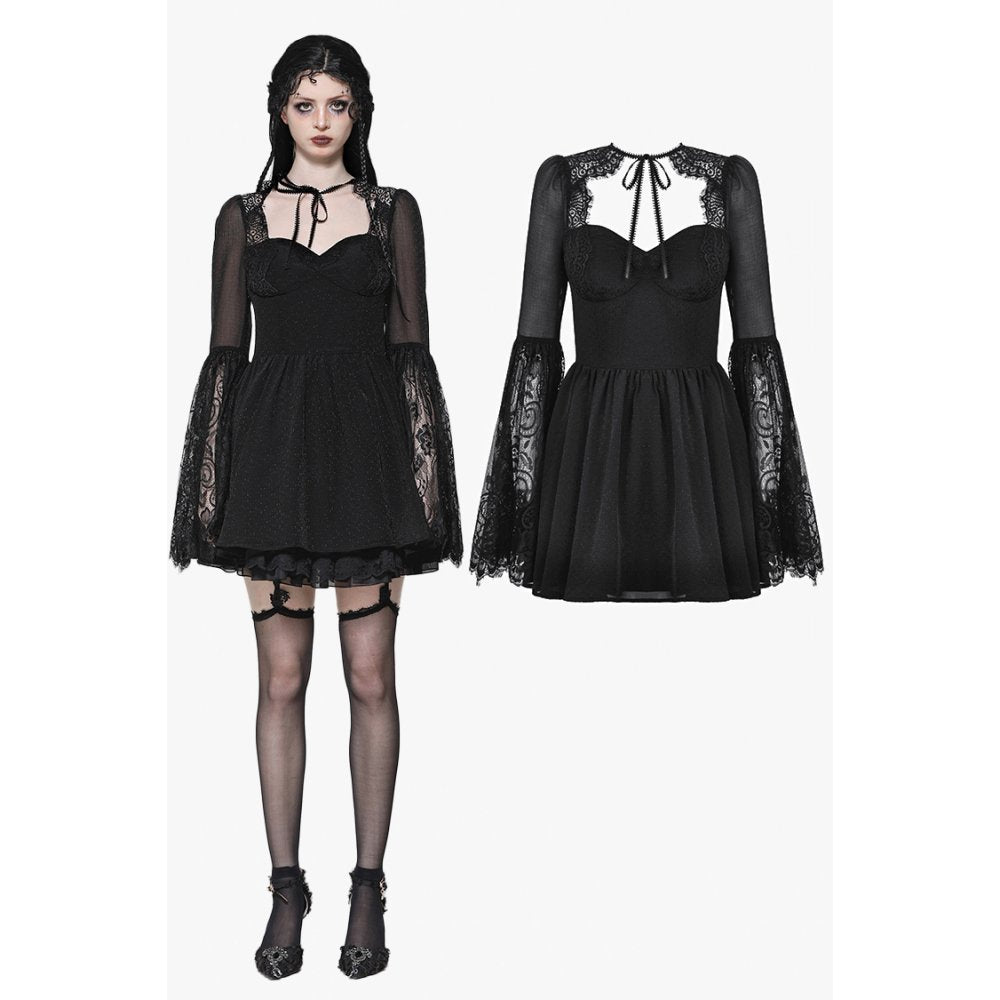 Dark in Love Greta Lace-Up Mesh Dress showcasing elegant bell sleeves and sweetheart neckline, epitomising gothic luxury.