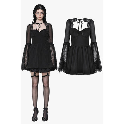 Dark in Love Greta Lace-Up Mesh Dress showcasing elegant bell sleeves and sweetheart neckline, epitomising gothic luxury.