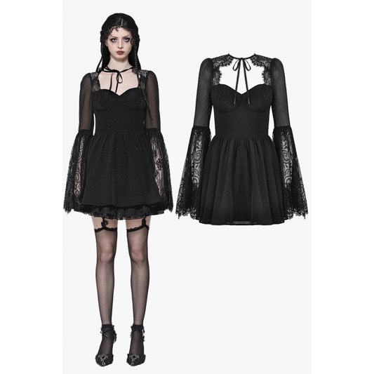 Dark in Love Greta Lace-Up Mesh Dress showcasing elegant bell sleeves and sweetheart neckline, epitomising gothic luxury.
