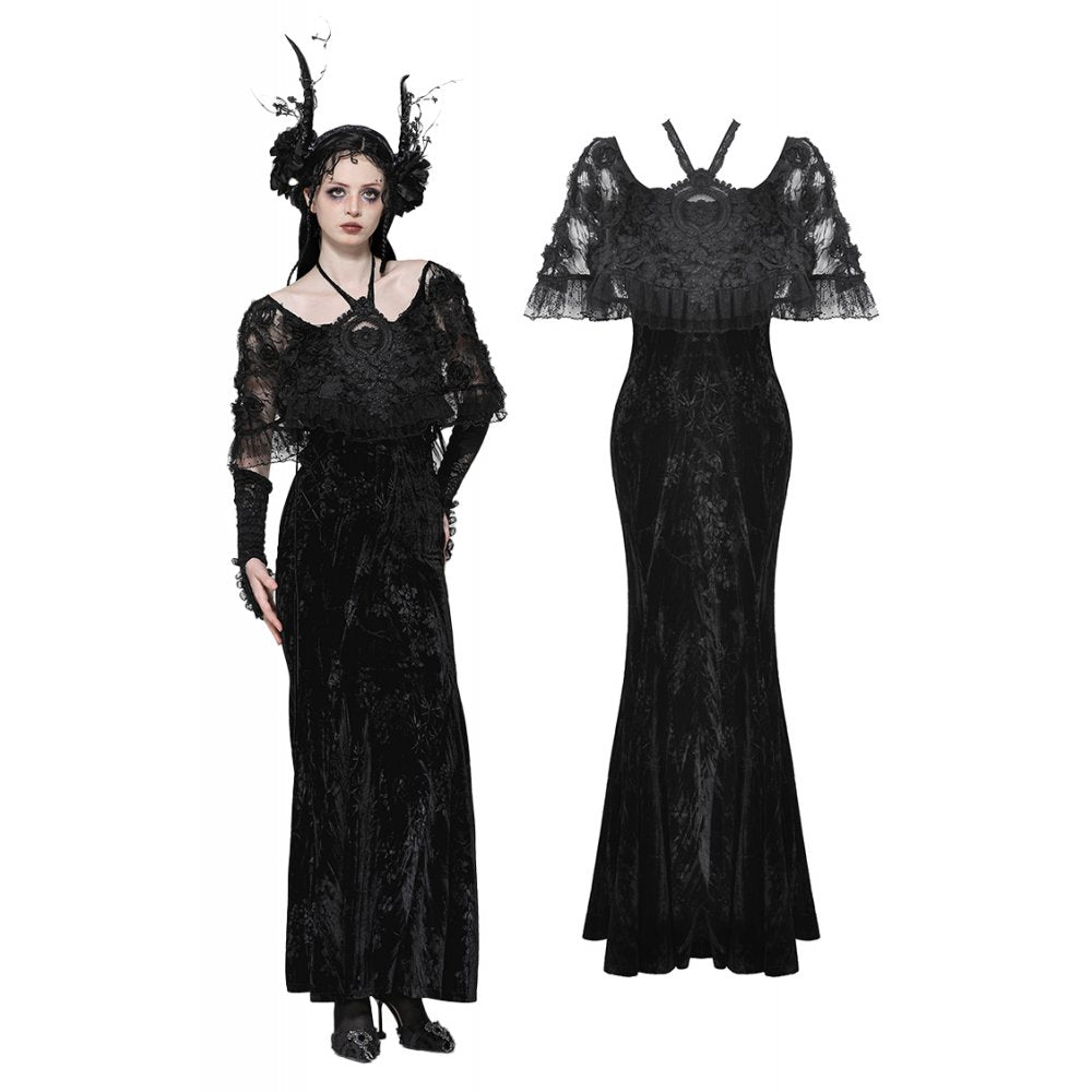 Dark in Love Alazne Dark Rose Embroidered Layered Mermaid Maxi Dress showcasing intricate embroidery and luxurious velvety fabric for a gothic elegance.