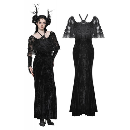 Dark in Love Alazne Dark Rose Embroidered Layered Mermaid Maxi Dress showcasing intricate embroidery and luxurious velvety fabric for a gothic elegance.