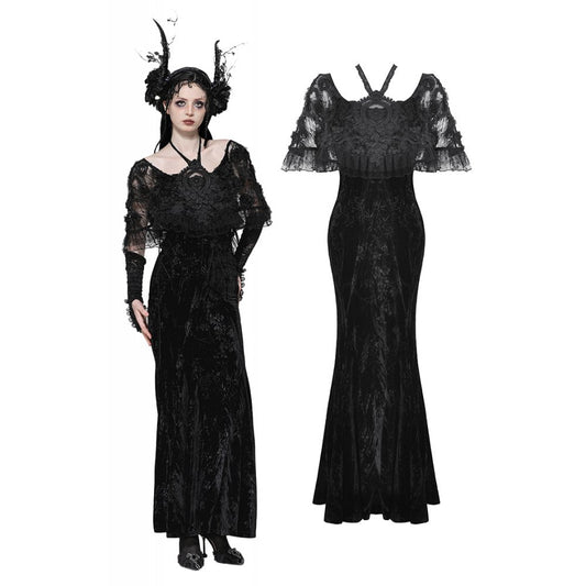 Dark in Love Alazne Dark Rose Embroidered Layered Mermaid Maxi Dress showcasing intricate embroidery and luxurious velvety fabric for a gothic elegance.