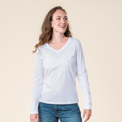 Detail view of the ribbed cuffs on the luxurious organic cotton long sleeve V-neck top for women, ideal for a vegan lifestyle.