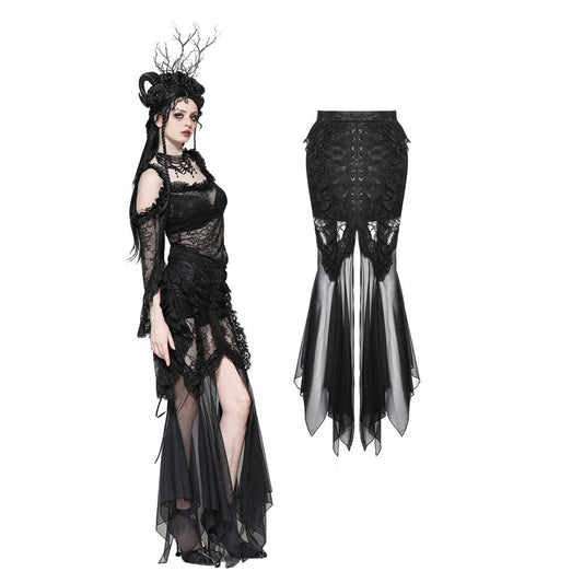 Dark in Love Nevaeh Gothic Lace and Mesh Mermaid Skirt showcasing elegant sheer design and intricate detailing, perfect for a dramatic and luxurious fashion statement.