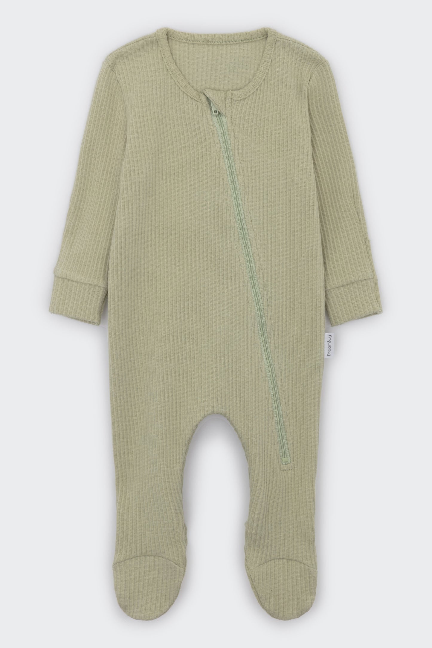 DreamBuy's Luxury Sage Zip Sleepsuit, offering a chic and comfortable outfit for babies 0-36 months, designed with skin protection in mind, perfect for home leisure.