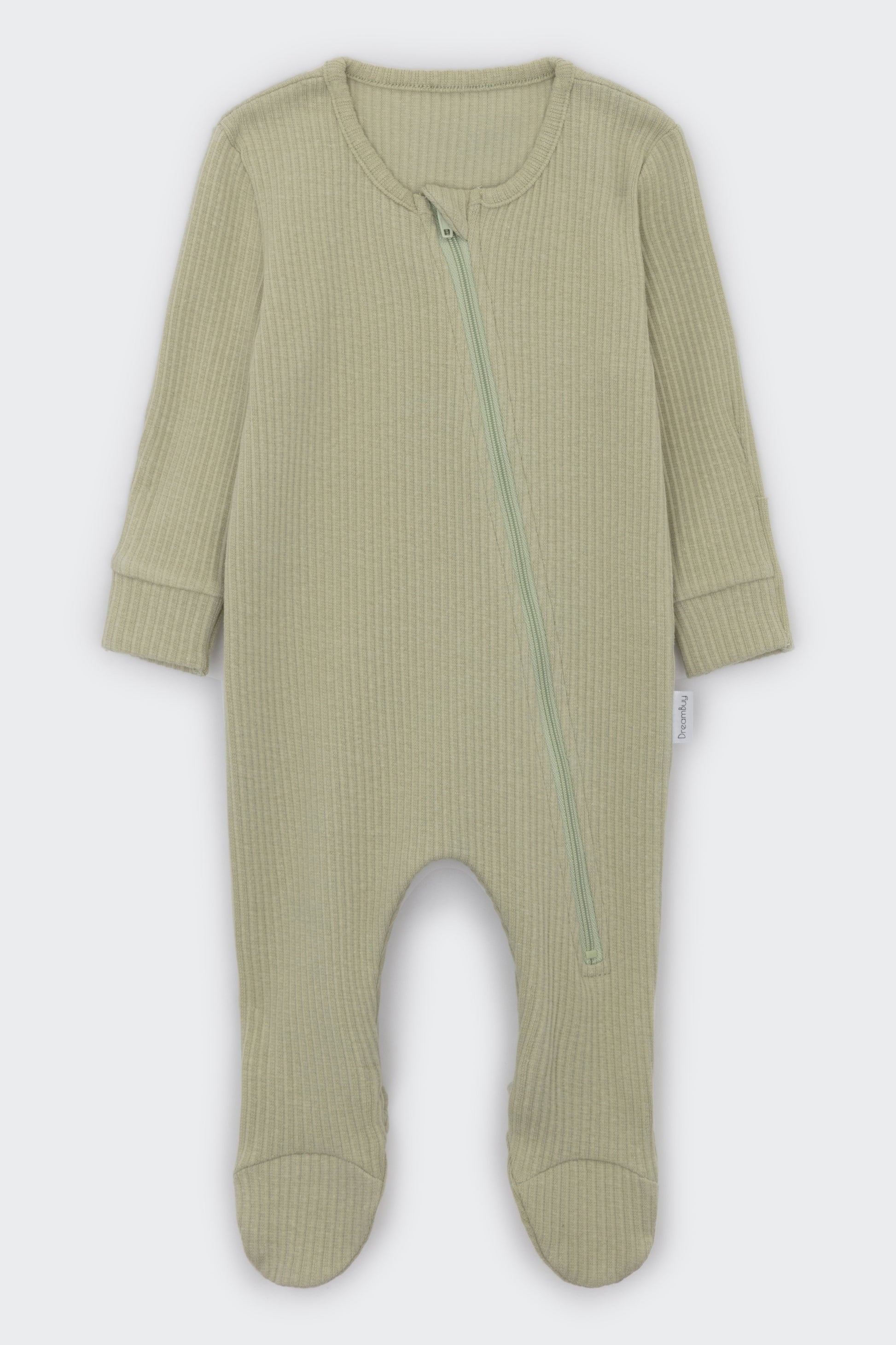 DreamBuy's Luxury Sage Zip Sleepsuit, offering a chic and comfortable outfit for babies 0-36 months, designed with skin protection in mind, perfect for home leisure.