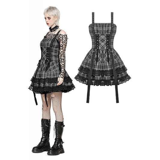 Elegant Dark In Love Grey Tartan Studded Dress featuring intricate lace trim and ruffled skirt, ideal for punk and Lolita fashion enthusiasts.