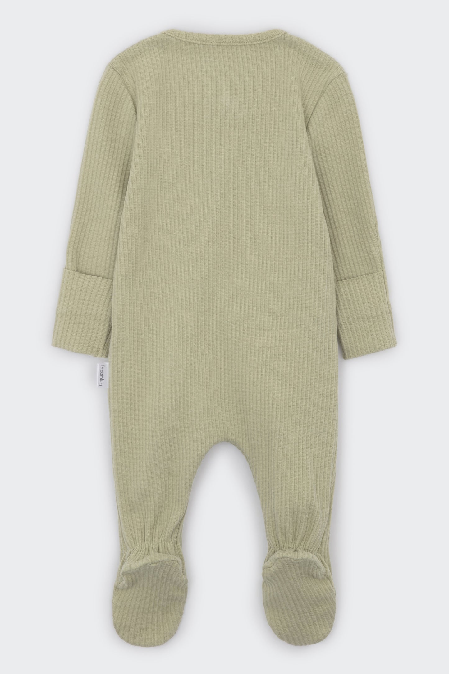 Luxury Sage Zip Sleepsuit for Babies by DreamBuy, showcasing soft ribbed cotton fabric perfect for ages 0-36 months.