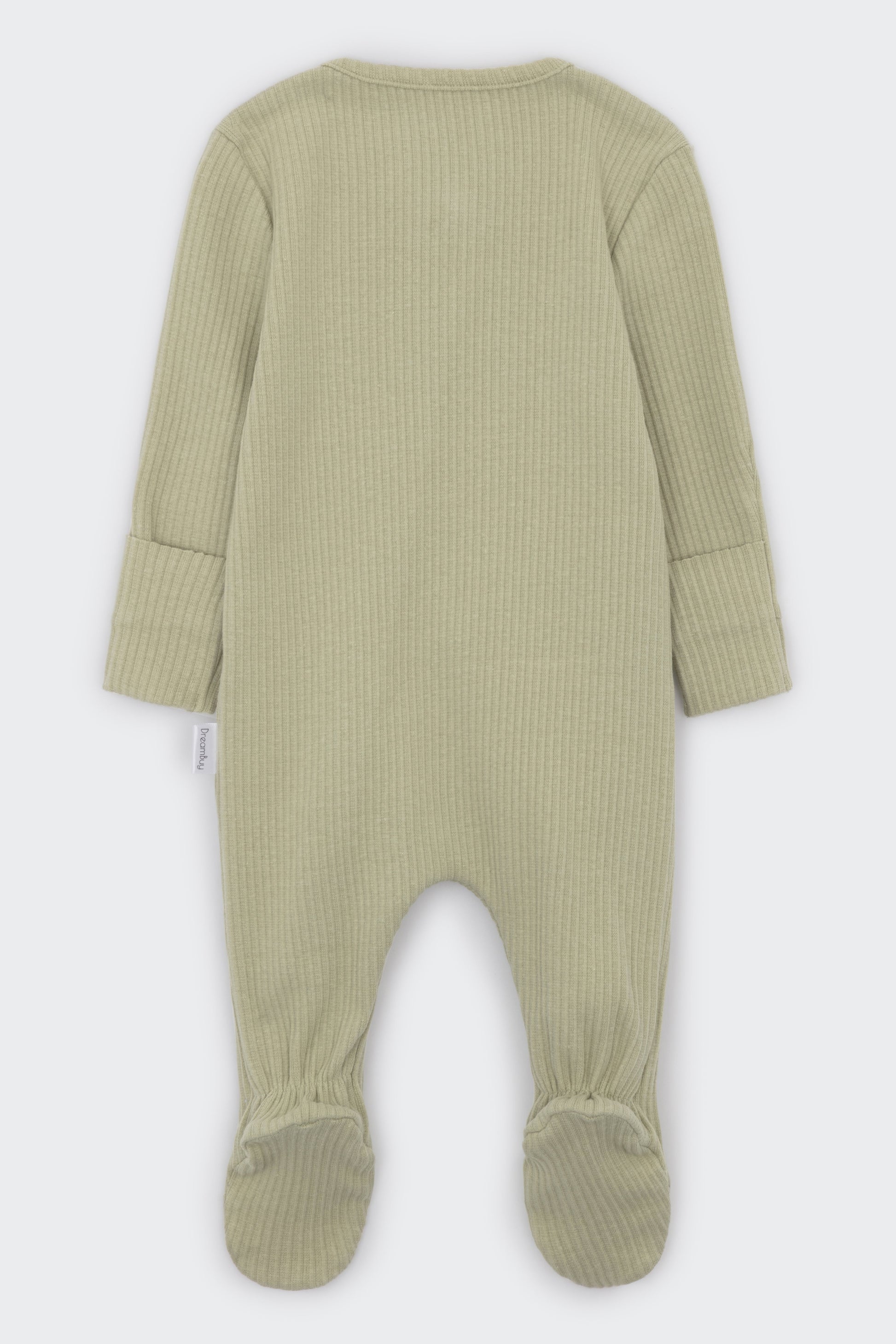 Luxury Sage Zip Sleepsuit for Babies by DreamBuy, showcasing soft ribbed cotton fabric perfect for ages 0-36 months.
