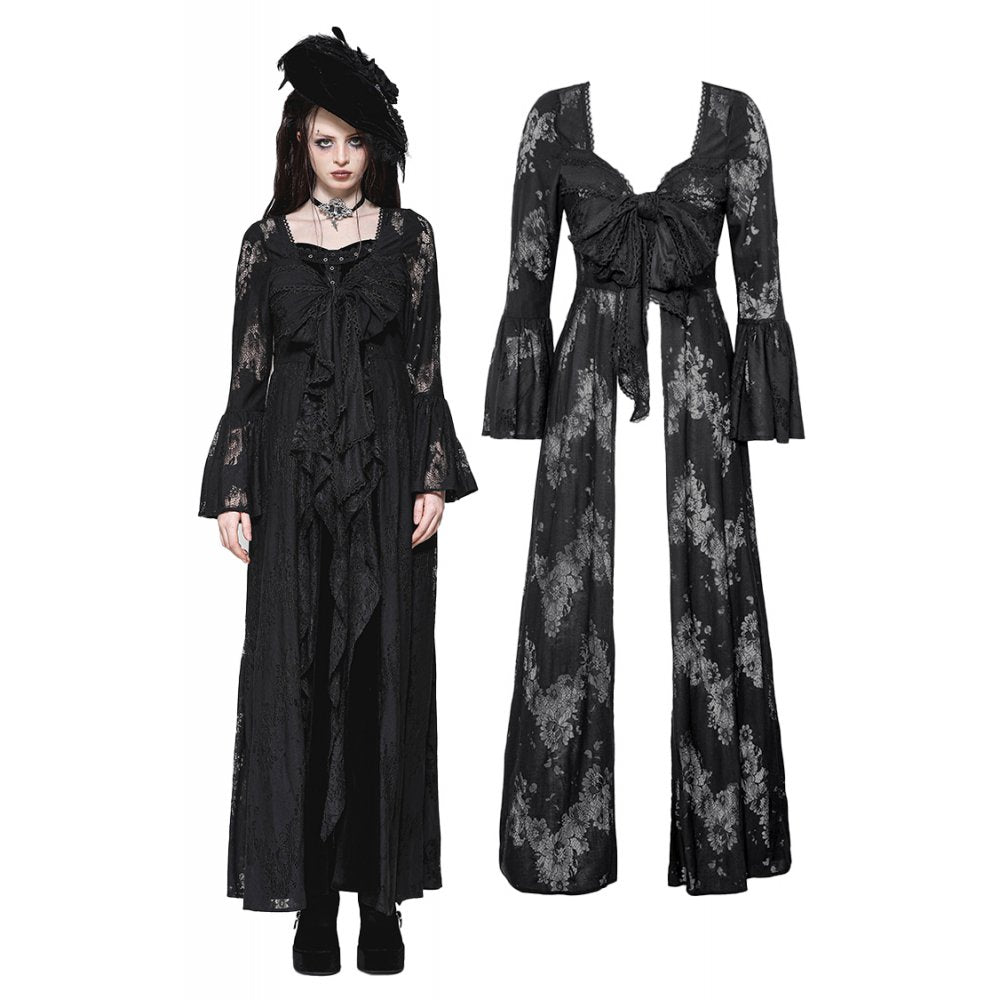 Luxurious Dark in Love Emersyn Long Robe showcasing intricate gothic lace trim and elegant bell sleeves, perfect for effortlessly embracing a romantic Victorian style.