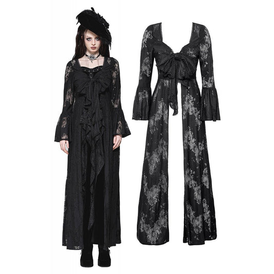 Luxurious Dark in Love Emersyn Long Robe showcasing intricate gothic lace trim and elegant bell sleeves, perfect for effortlessly embracing a romantic Victorian style.
