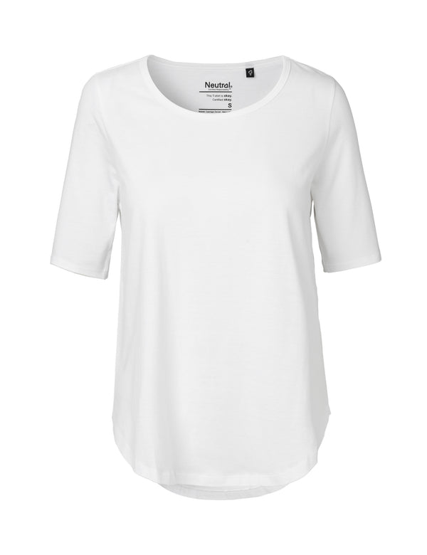 Sustainable luxury: women's Fairtrade t-shirt crafted in a renewable energy-powered facility, embodying ethical fashion.