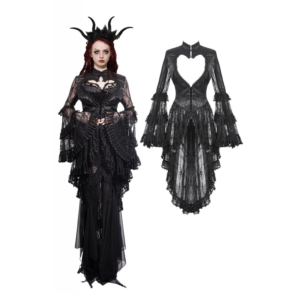 Luxurious gothic heart-shaped tailcoat with hollow-out design, featuring intricate lace details and elegant bell sleeves in classic black.