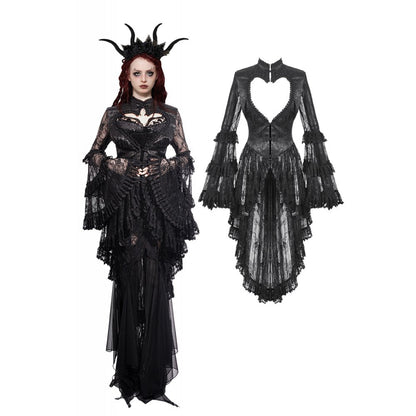 Luxurious gothic heart-shaped tailcoat with hollow-out design, featuring intricate lace details and elegant bell sleeves in classic black.