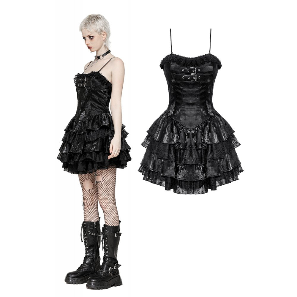 Harriet Punk Shiny PU Leather Layered Dress with Corset Design highlighting ruffled details and luxurious texture