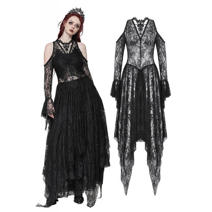 Carys Black Gothic Asymmetrical Lace Off-Shoulder Dress featuring exquisite rhinestone detailing, perfect for elegant occasions.