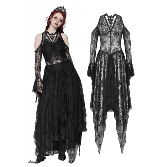 Carys Black Gothic Asymmetrical Lace Off-Shoulder Dress featuring exquisite rhinestone detailing, perfect for elegant occasions.