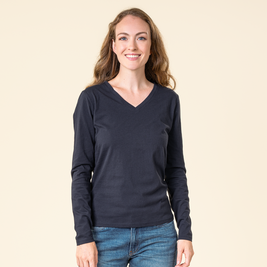 Luxury Organic Cotton Long Sleeve V-Neck Top for Women, showcasing a modern and comfortable vegan-friendly design, crafted from 100% organic cotton.