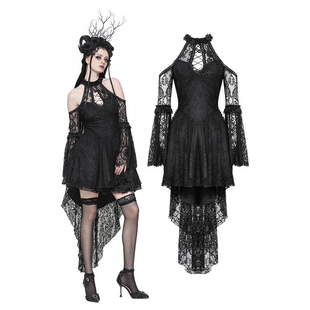 Dark in Love Gem Gothic Vine Lace Tail Dress featuring a dramatic asymmetrical hem and exquisite cold-shoulder design, showcasing intricate lace details.