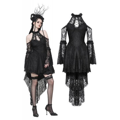 Dark in Love Gem Gothic Vine Lace Tail Dress featuring a dramatic asymmetrical hem and exquisite cold-shoulder design, showcasing intricate lace details.