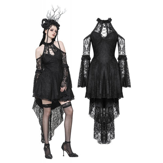 Dark in Love Gem Gothic Vine Lace Tail Dress featuring a dramatic asymmetrical hem and exquisite cold-shoulder design, showcasing intricate lace details.