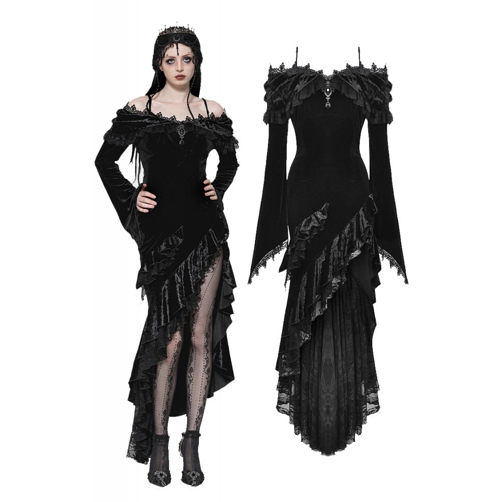 Gothic velvet off-shoulder mermaid dress with ruffle details, showcasing luxurious fabric and elegant silhouette, perfect for dark glamour.