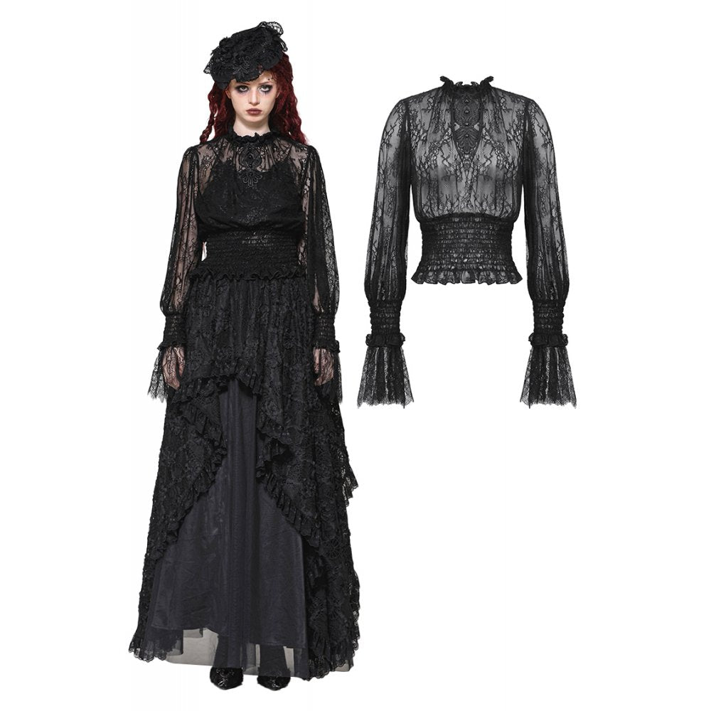 Elegant Aoife Black Lace Top featuring a high-neck Victorian collar, perfect for gothic style enthusiasts.