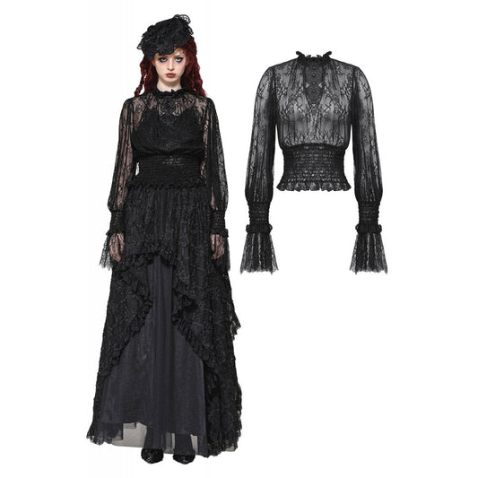 Elegant Aoife Black Lace Top featuring a high-neck Victorian collar, perfect for gothic style enthusiasts.