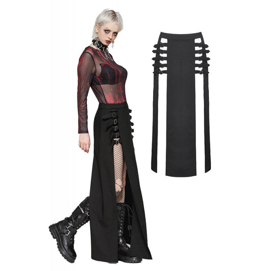 Dark in Love Phoenix Black High-Waisted Maxi Skirt featuring extreme slits and faux leather buckle details, exuding gothic elegance and edgy sophistication.