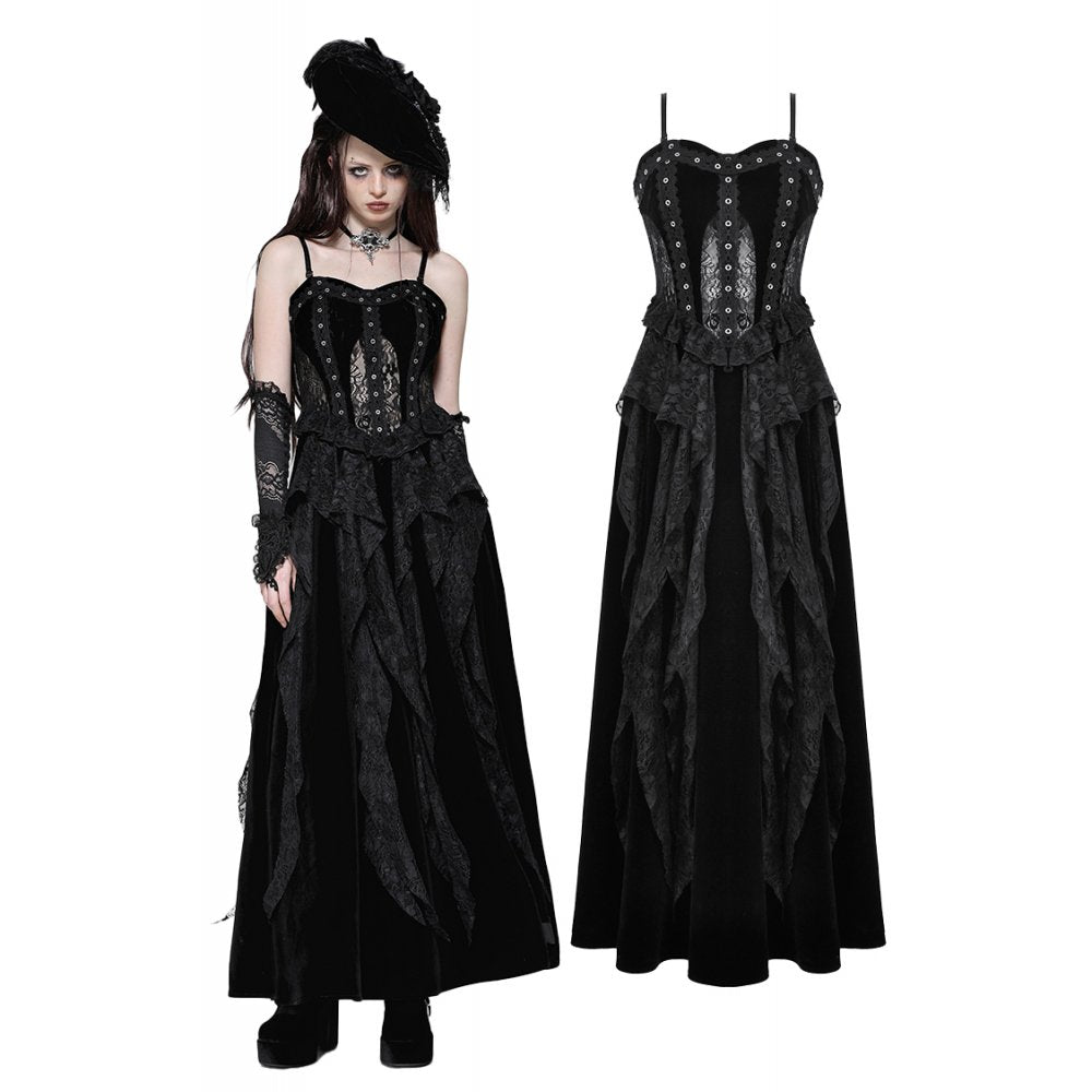 Elegantly styled Dark in Love Fia Gothic Maxi Dress showcasing corseted waist and intricate lace detailing against a soft backdrop.