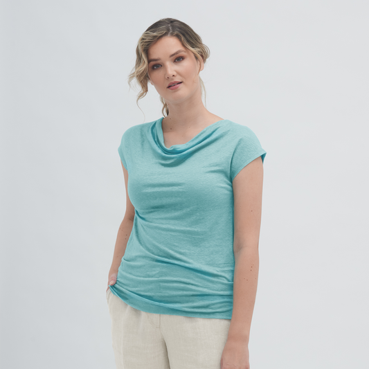 Luxurious organic linen cowl neck t-shirt for women, showcasing natural cooling fabric in a soft, flowing fit.