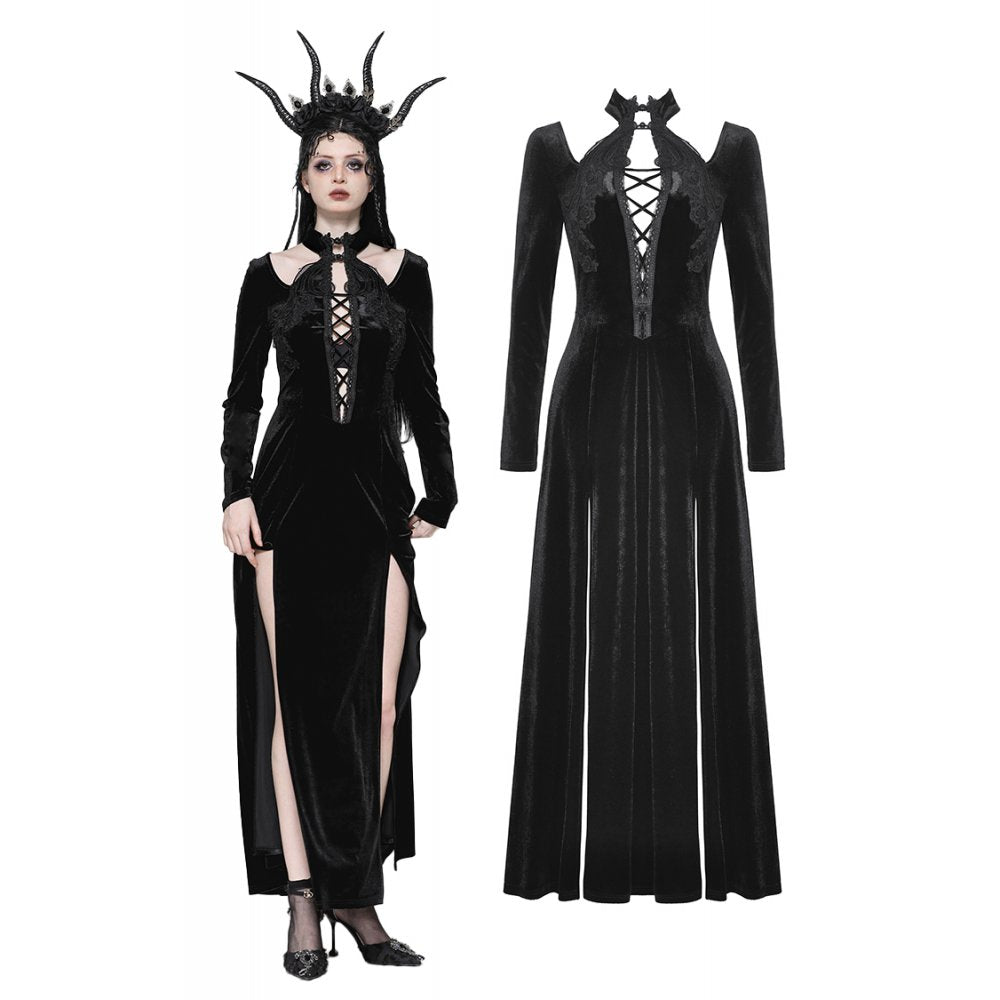 Elegant Dark in Love Vera Gothic High-Slit Maxi Dress in rich velvet fabric showcasing a unique hollow neckline and decorative embroidered buttons, perfect for a regal look.