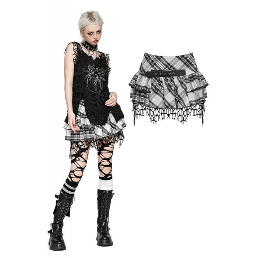 Dark In Love Quinn Punk Black & White Asymmetrical Messy Net Skirt showcasing edgy grunge style and layered ruffles, ideal for alternative fashion enthusiasts.