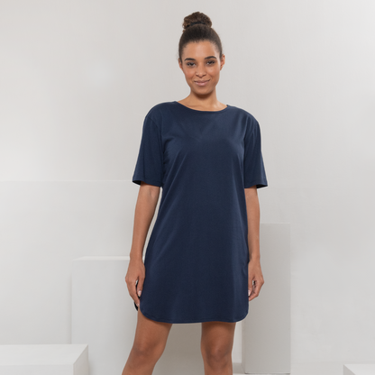 Model wearing the organic cotton midi night shirt, illustrating its perfect fit and elegant drape, ideal for a restful night's sleep.