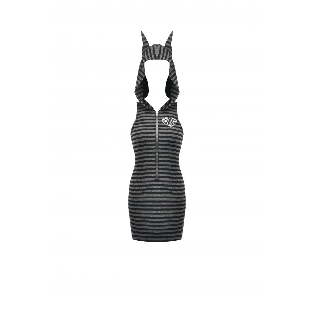 Dark In Love Grey and Black Striped Cat Ear Hoodie Dress showcasing the playful aesthetic with exaggerated cat ears, perfect for gothic fashion enthusiasts.