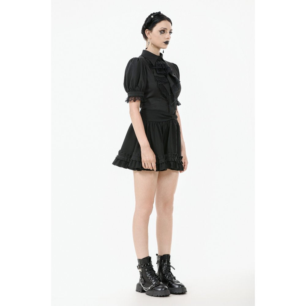 Dark in Love high-waisted black ruffled mini skirt styled with a Victorian blouse and combat boots, embodying modern gothic elegance.