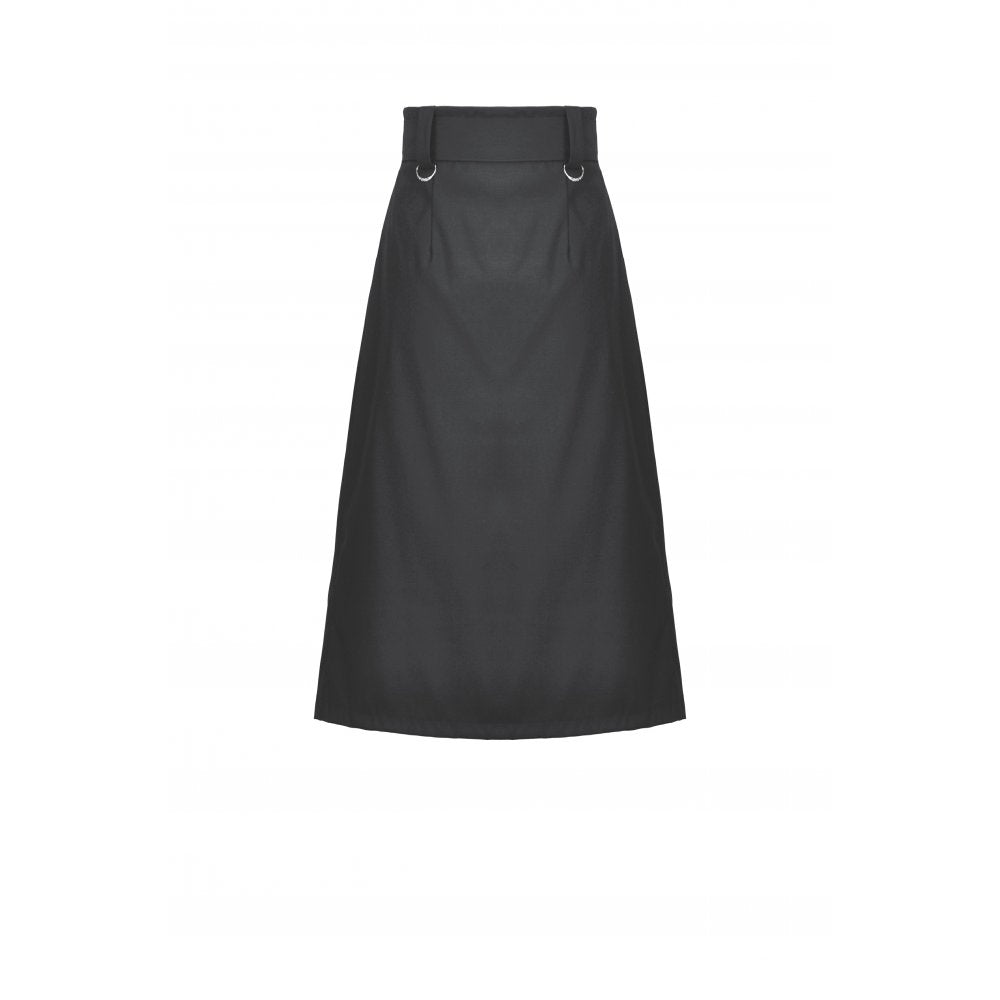 Close-up of the statement chain belt and dual silver buckles on the Dark in Love goth skirt, emphasizing the intricate details and edgy elegance.