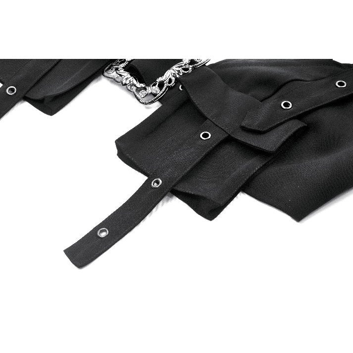 Back view of the Dark In Love Evangeline Buckled Utility Crop Top highlighting the adjustable straps and tailored bust fit, perfect for a chic gothic look.