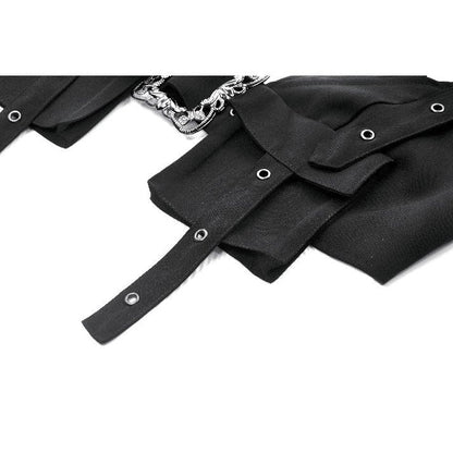 Back view of the Dark In Love Evangeline Buckled Utility Crop Top highlighting the adjustable straps and tailored bust fit, perfect for a chic gothic look.