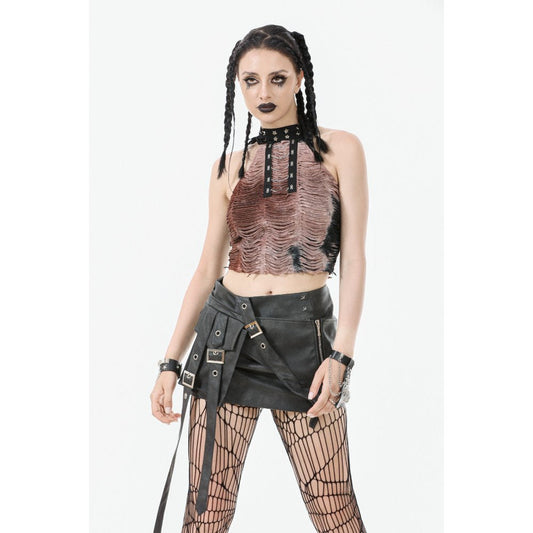 Luxury dark faux leather mini skirt featuring asymmetric panels and decorative hardware, perfect for a goth-inspired wardrobe.