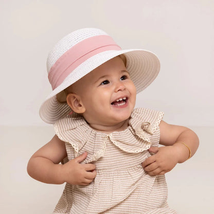 HelloBaby Baby Girl Straw Ribbon Hat - White