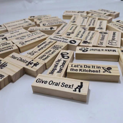 Array of premium wooden blocks from the Couples' Sexy Jenga Game displaying seductive prompts for playful intimacy and exploration.