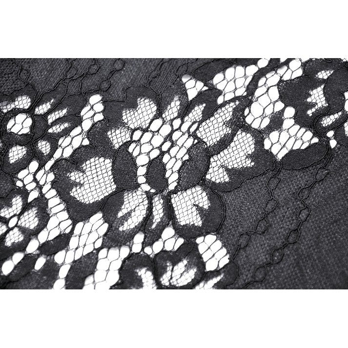 Elegant Dark in Love Abella Distressed Lace Midi Skirt adorned with decorative flowers, showcasing luxurious layers of lace for a unique fashion statement.