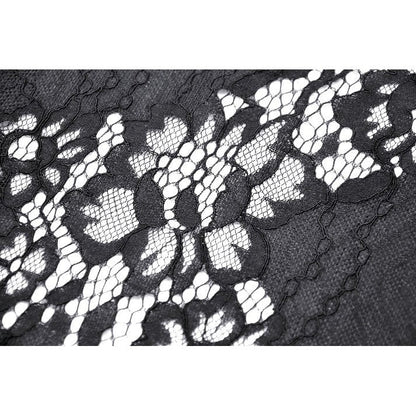 Elegant Dark in Love Abella Distressed Lace Midi Skirt adorned with decorative flowers, showcasing luxurious layers of lace for a unique fashion statement.