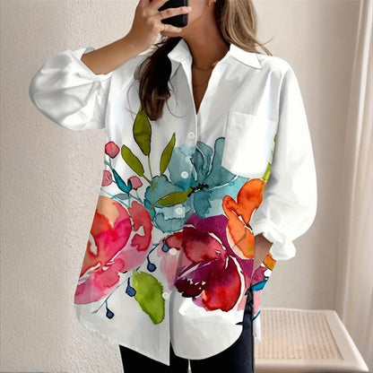 Elegant Women's Notch Lapel Long Sleeve Blouse with Colorful Floral Print - Chest Pocket Button-Up Shirt for Spring&Fall, a luxurious addition to your wardrobe.