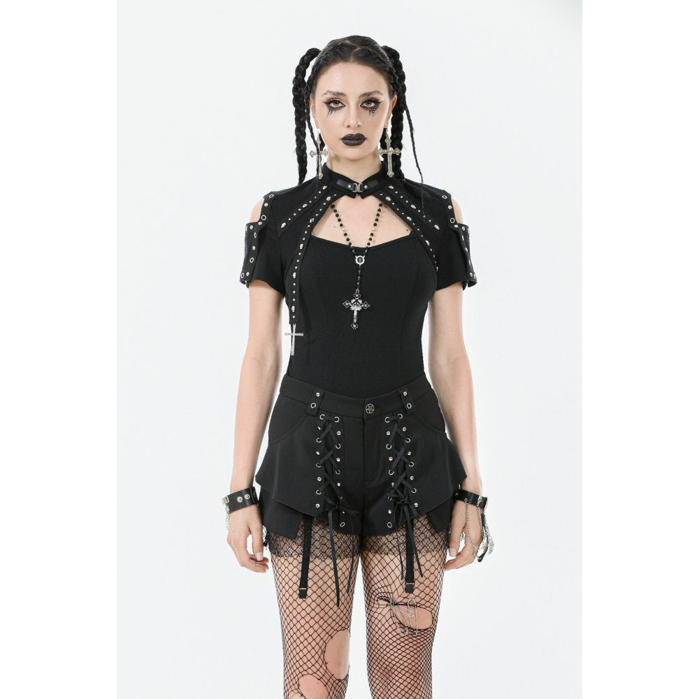 Close-up view of the gothic lace details on the Dark In Love Seraphine Off-Shoulder Top, showcasing its exquisite craftsmanship and luxurious texture.