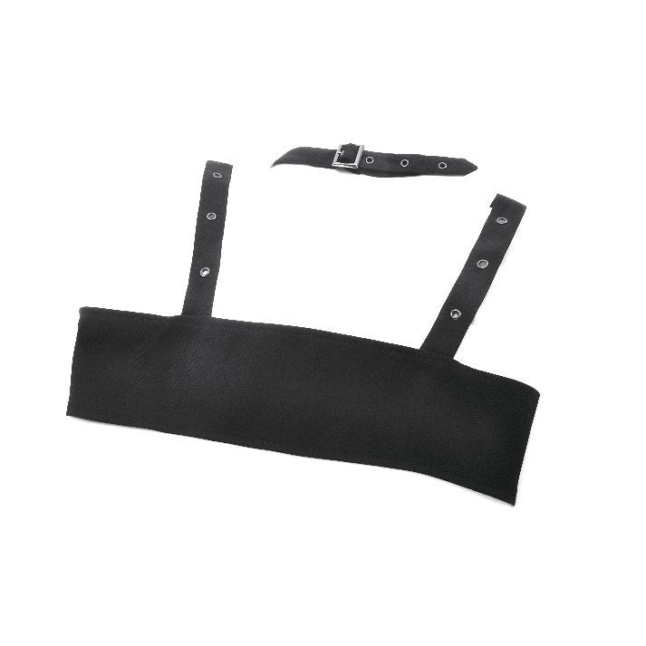 Model wearing the Dark In Love Evangeline Buckled Utility Crop Top, exuding confidence in the gothic harness-style design paired with modern accessories for a unique statement.