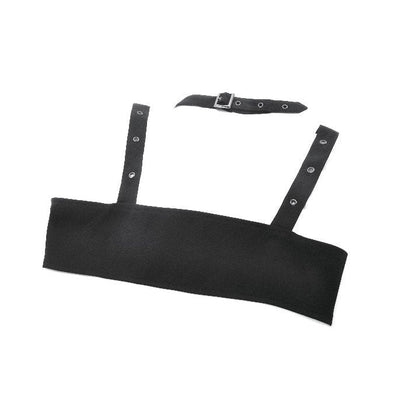 Model wearing the Dark In Love Evangeline Buckled Utility Crop Top, exuding confidence in the gothic harness-style design paired with modern accessories for a unique statement.