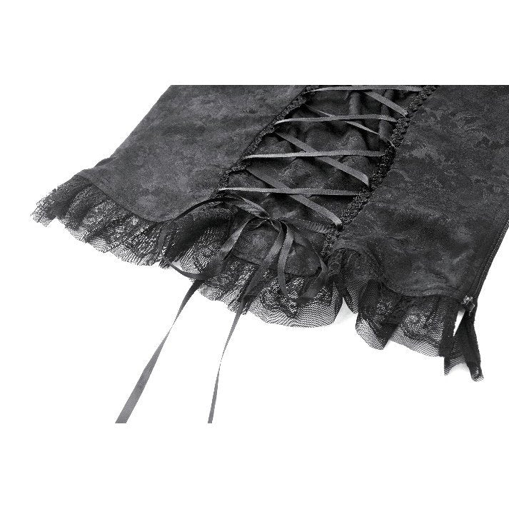 Model wearing the Dark in Love Seraphine Lace Shoulder Top styled for a gothic occasion, exuding elegance and sophistication.